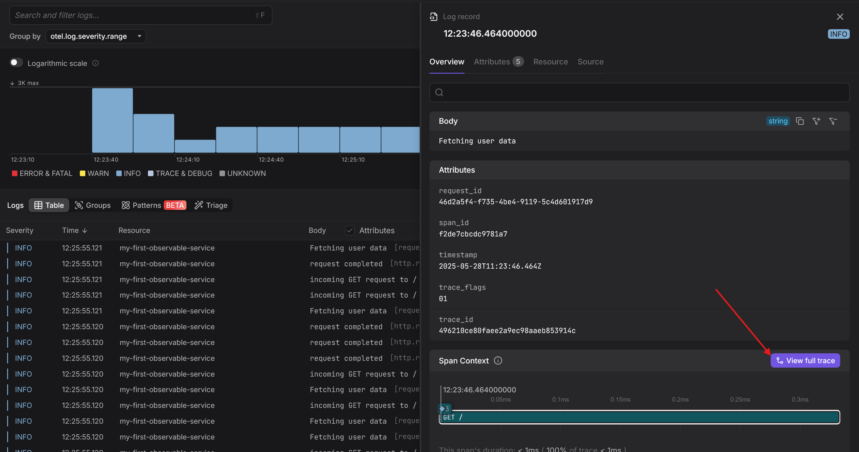 Streaming logs to Dash0 and viewing trace context