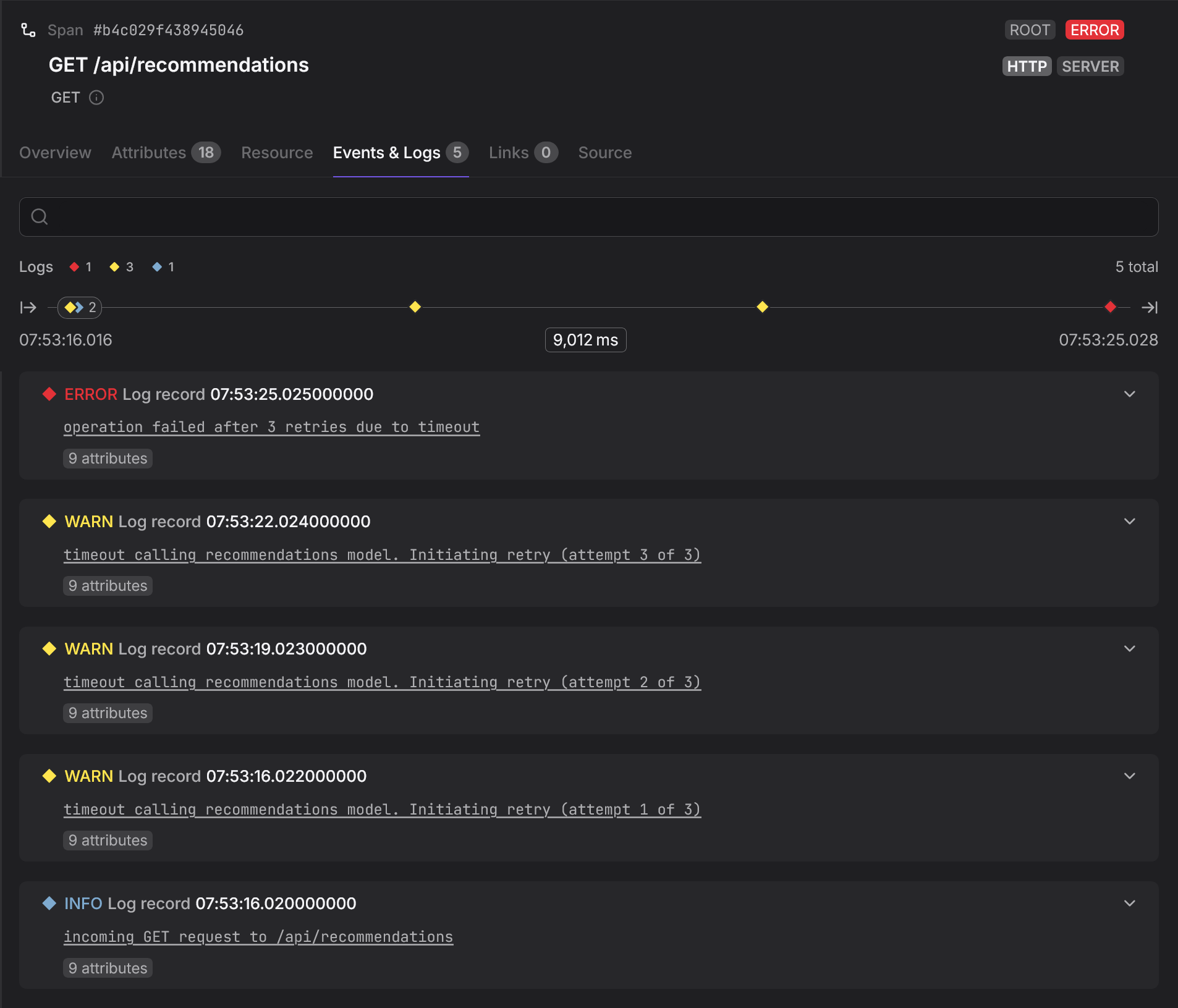 Warn and error logs associated with the problematic spans