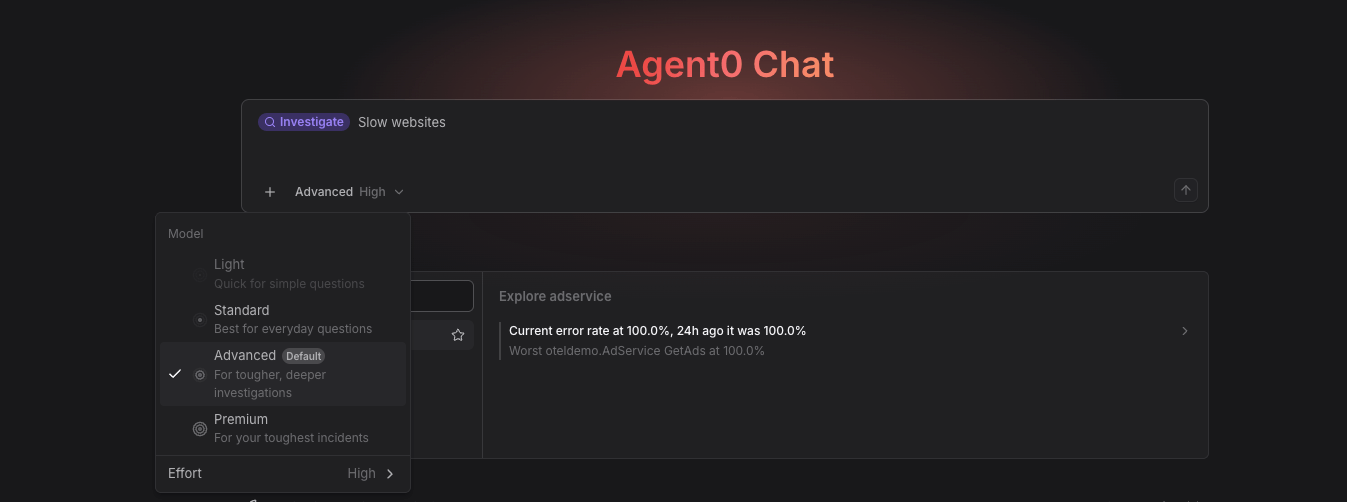 Model picker in the Agent0 Chat prompt toolbar listing the Light, Standard, Advanced, and Premium levels