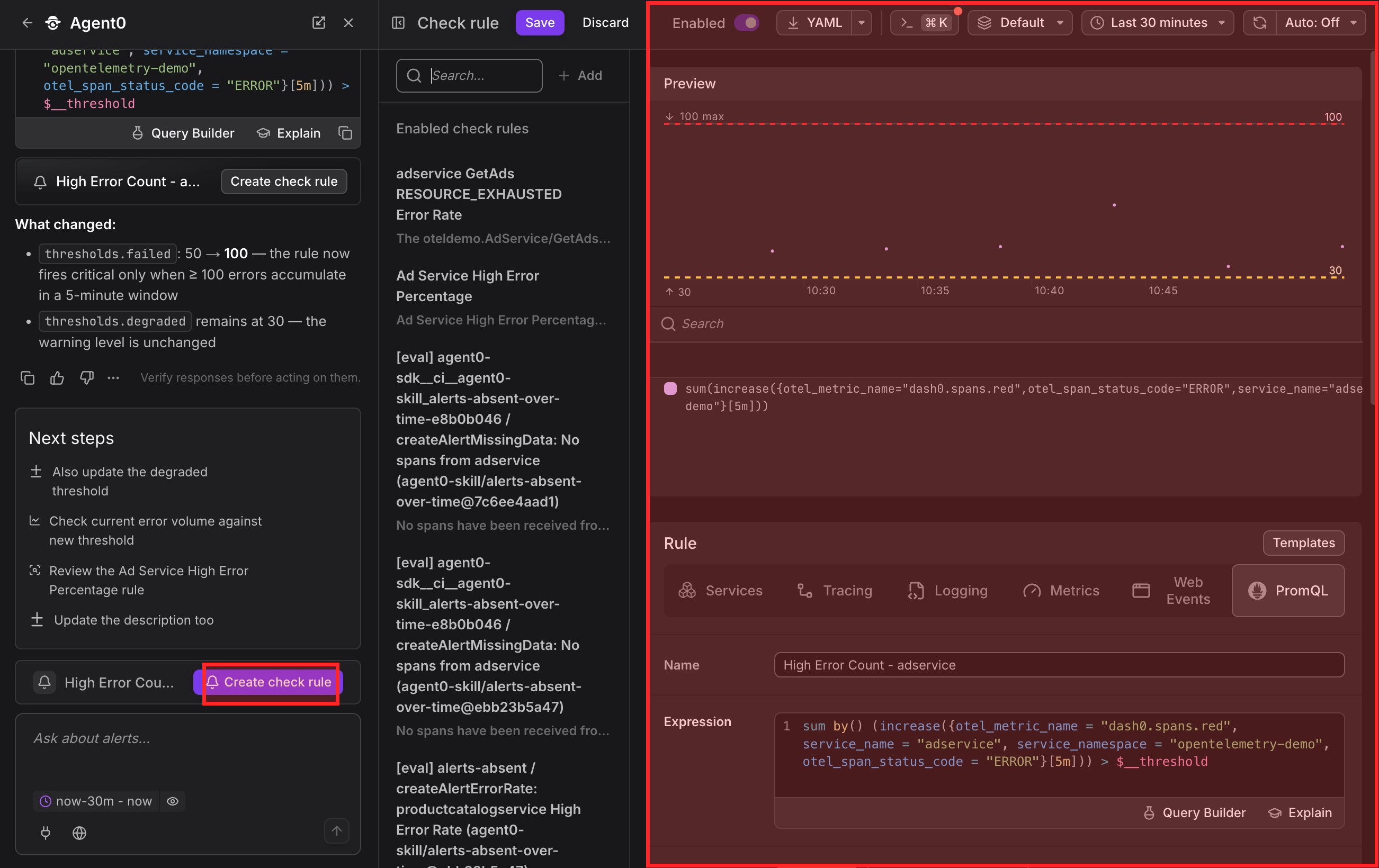 Check rule editor with pre-filled configuration