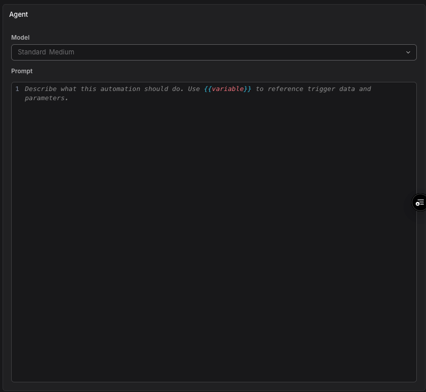 Agent section of the automation form showing the Model field above the Prompt editor