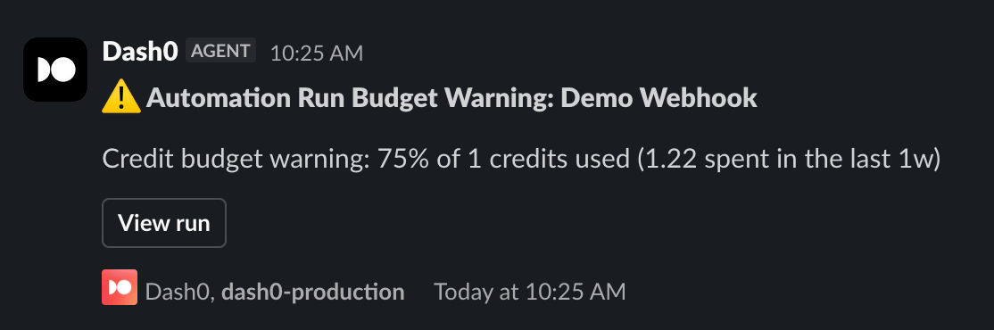 Slack message showing a credit budget warning at 75% of the budget used