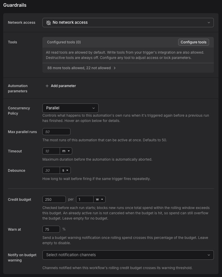 Guardrails settings showing network access, tools, timeout, concurrency policy, max parallel runs, debounce, and credit budget options