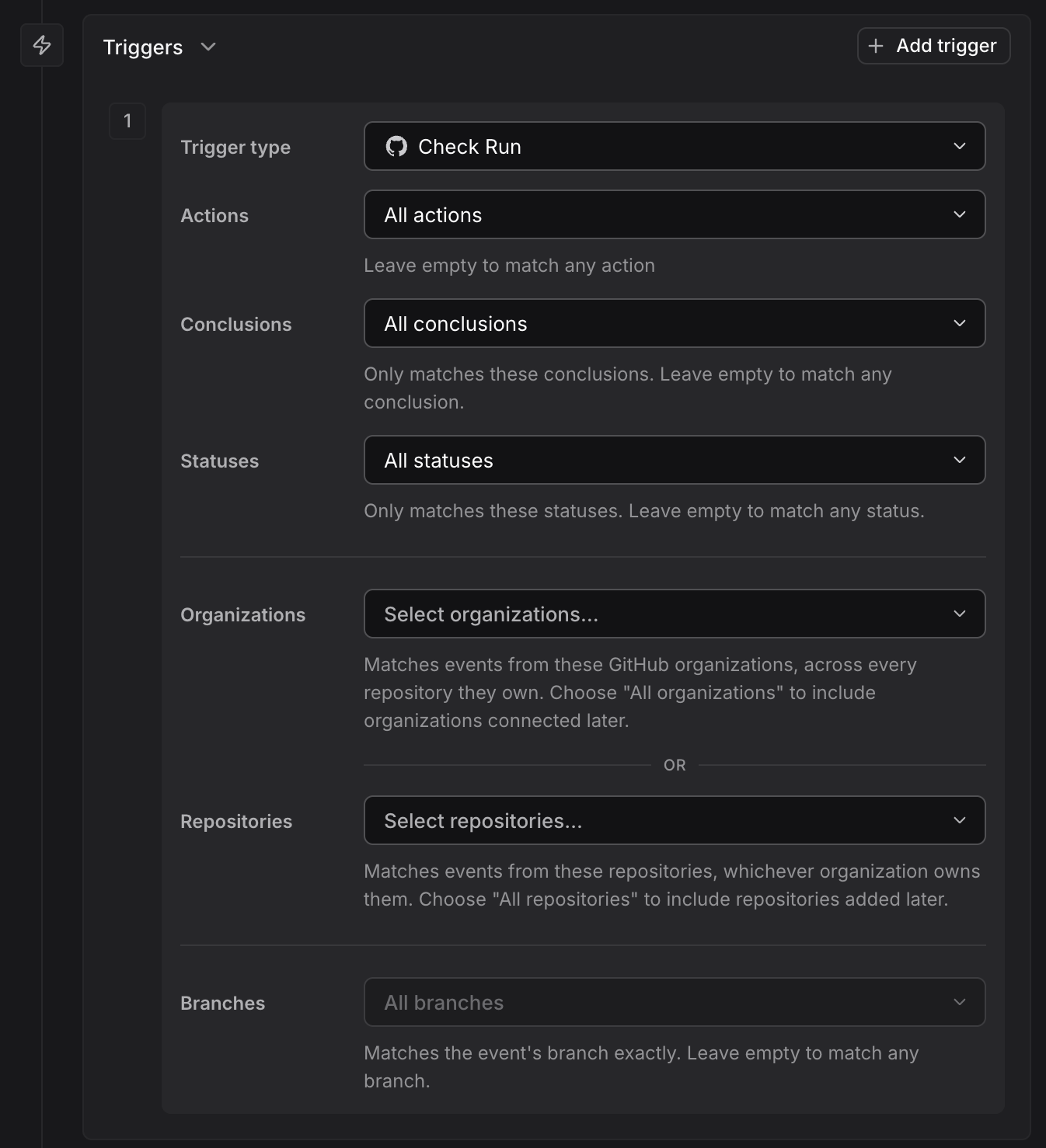 GitHub Check Run trigger configuration showing the new Statuses field alongside Actions and Conclusions