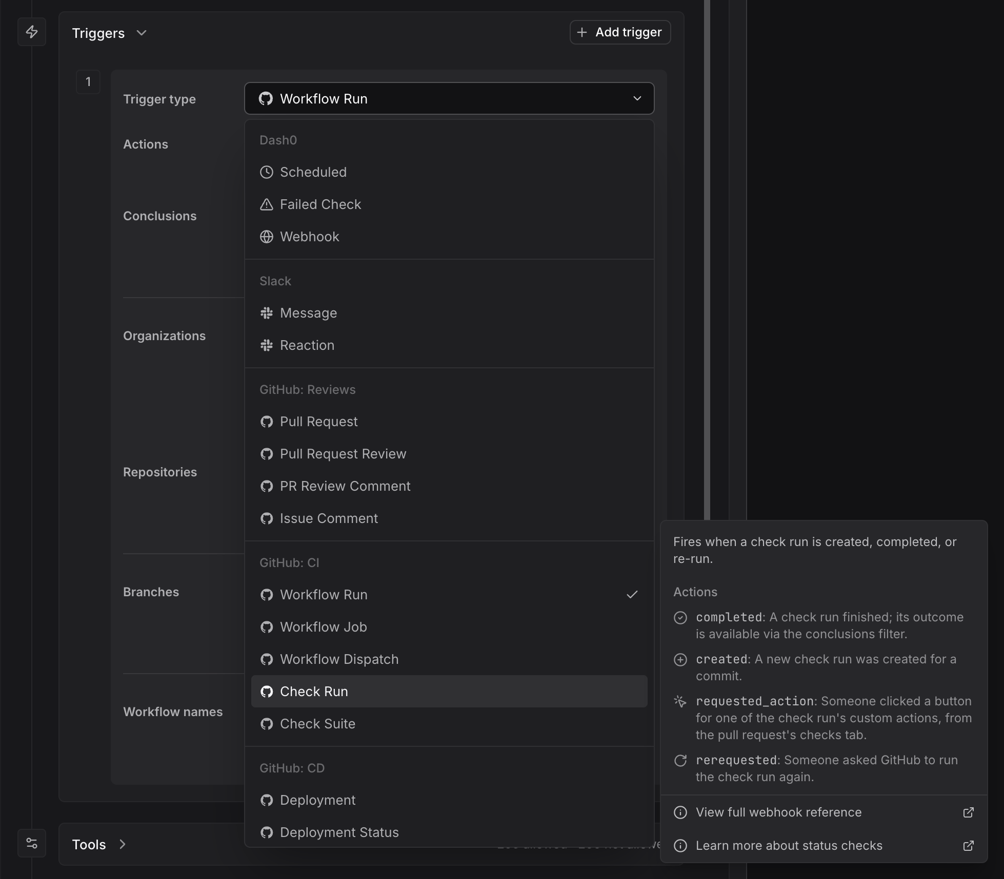 Trigger type dropdown grouped by connector, showing the GitHub workflow and check trigger kinds