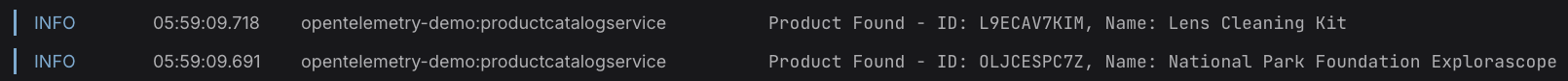 Log messages showing Product Found entries with varying product IDs and names