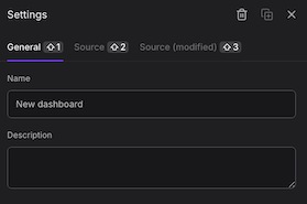 Dashboard Settings panel on the right showing Name and Description input fields