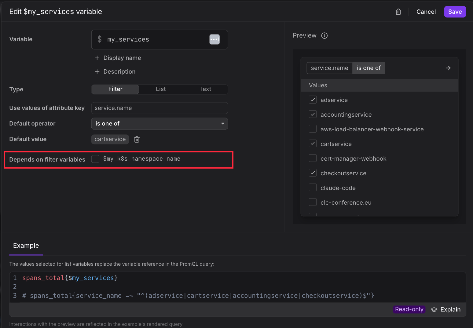 Filter variable dialog showing the "Depends on filter variables" field with another filter variable available as a checkbox