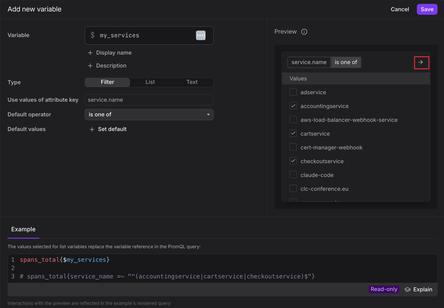 Filter variable Preview panel with the apply arrow in the top-right corner highlighted