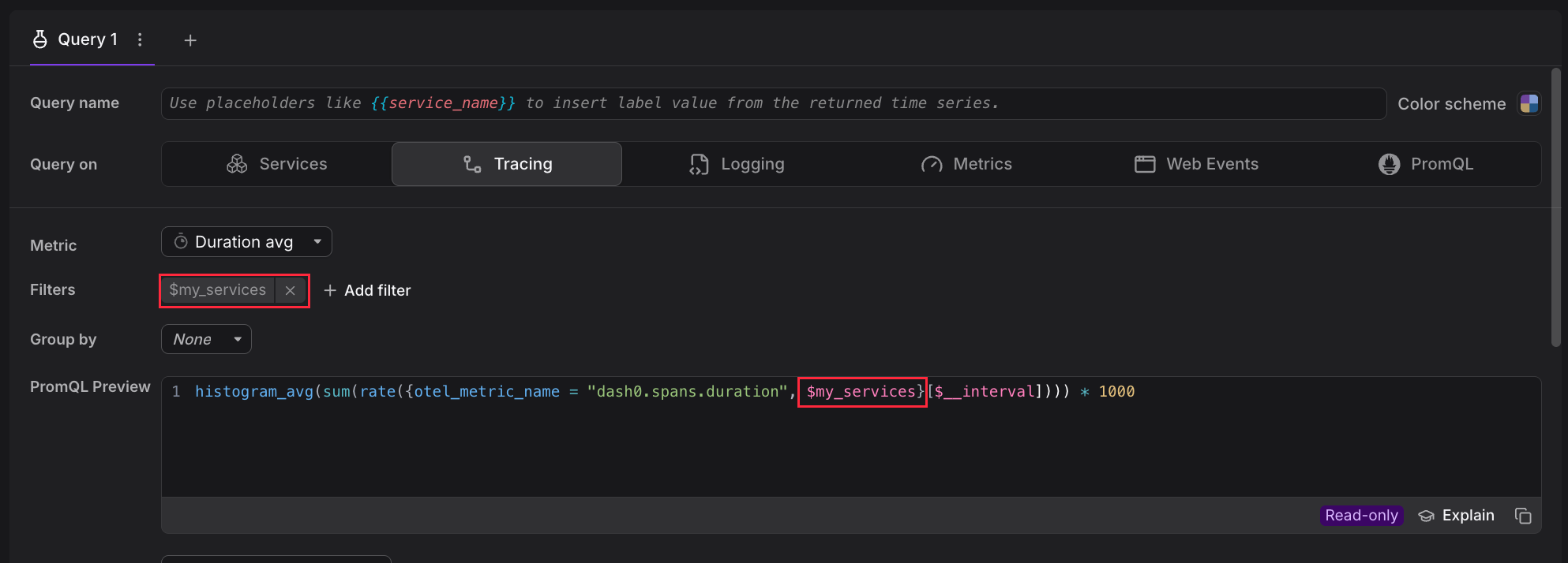 Query editor with $my_services bound as a filter chip and interpolated into the PromQL Preview