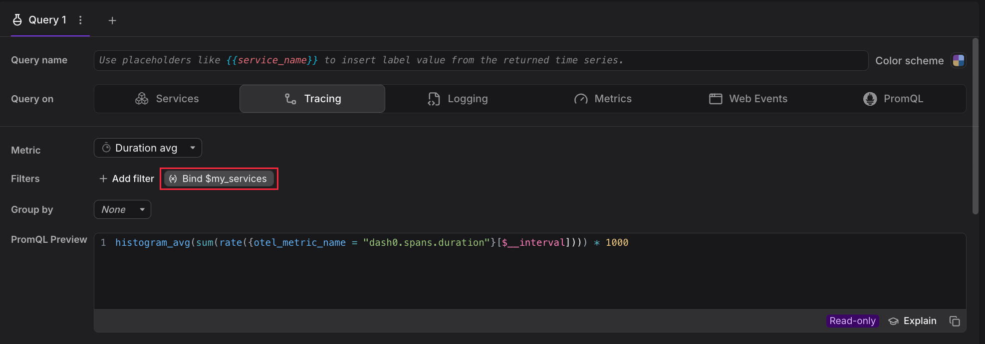 Query editor Filters row with the Bind $my_services button highlighted