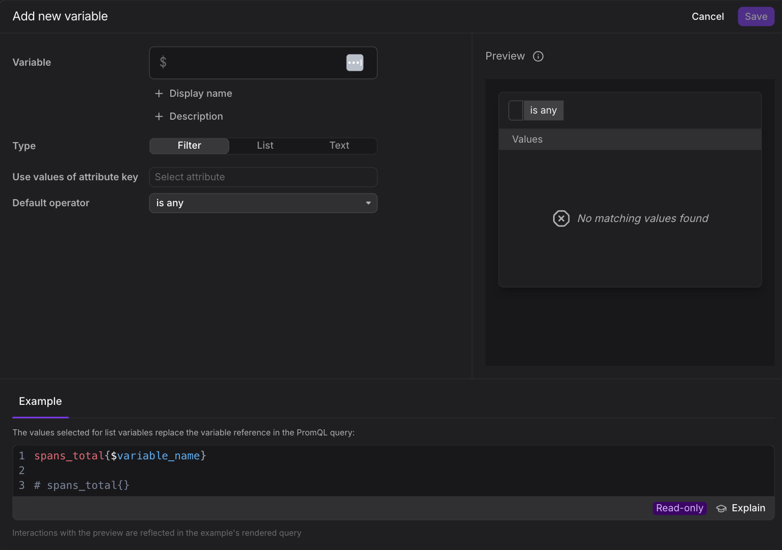 Add new variable dialog configured as a filter variable, showing the variable name, type selector, attribute key, and default operator fields