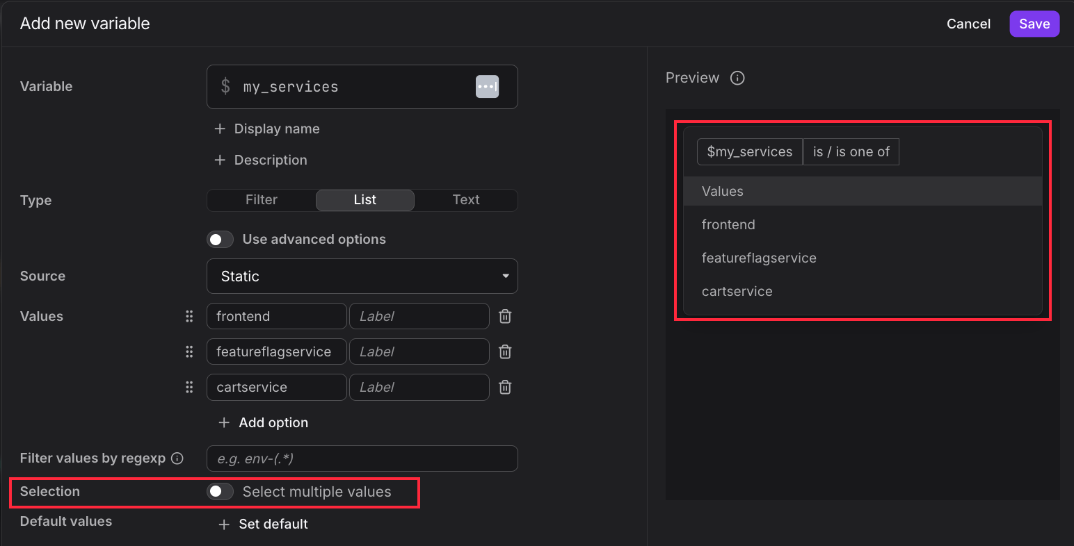 List variable dialog with the Select multiple values toggle off, and a single-select preview