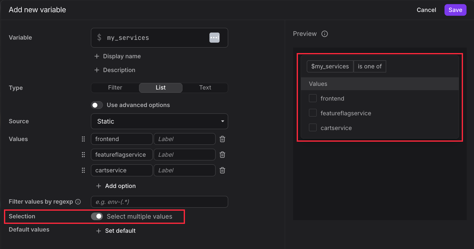 List variable dialog with the Select multiple values toggle on, and a multi-select checkbox preview