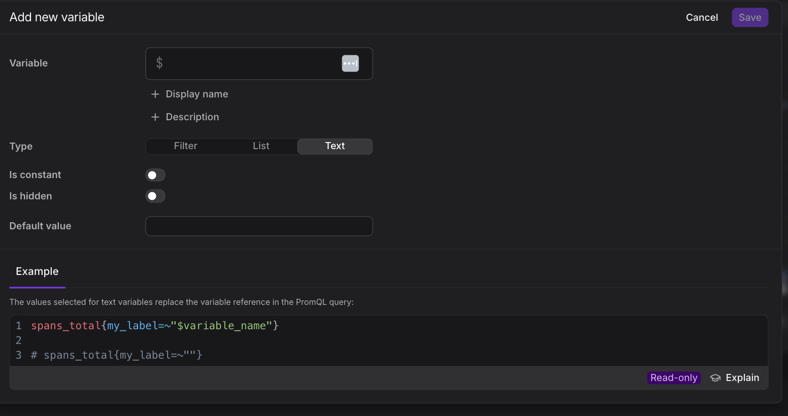 Add new variable dialog configured as a text variable, showing the default value, constant, and hidden options