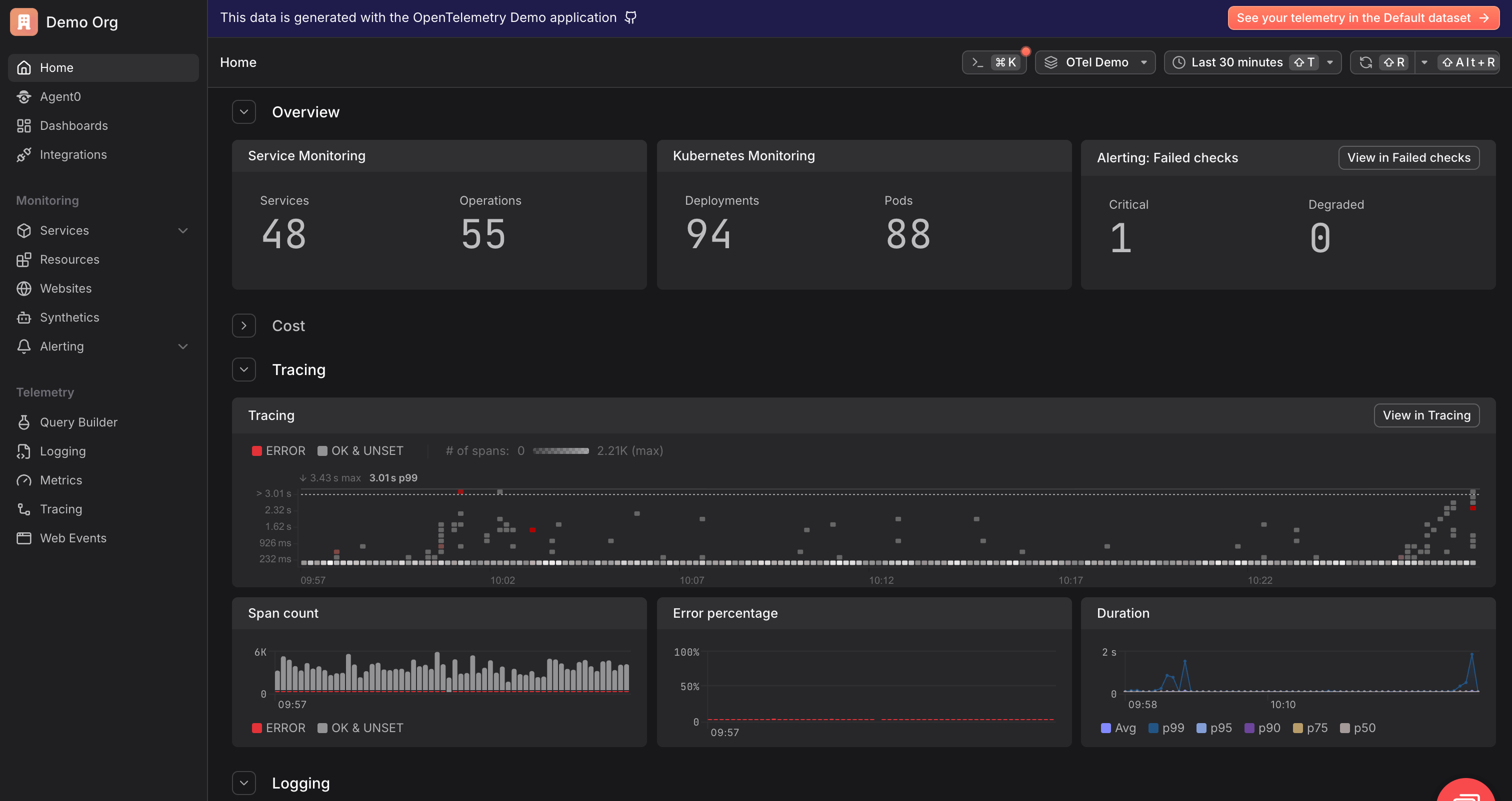 Dash0 homepage displaying overview of services, key performance indicators, and navigation to traces, logs, and metrics explorers