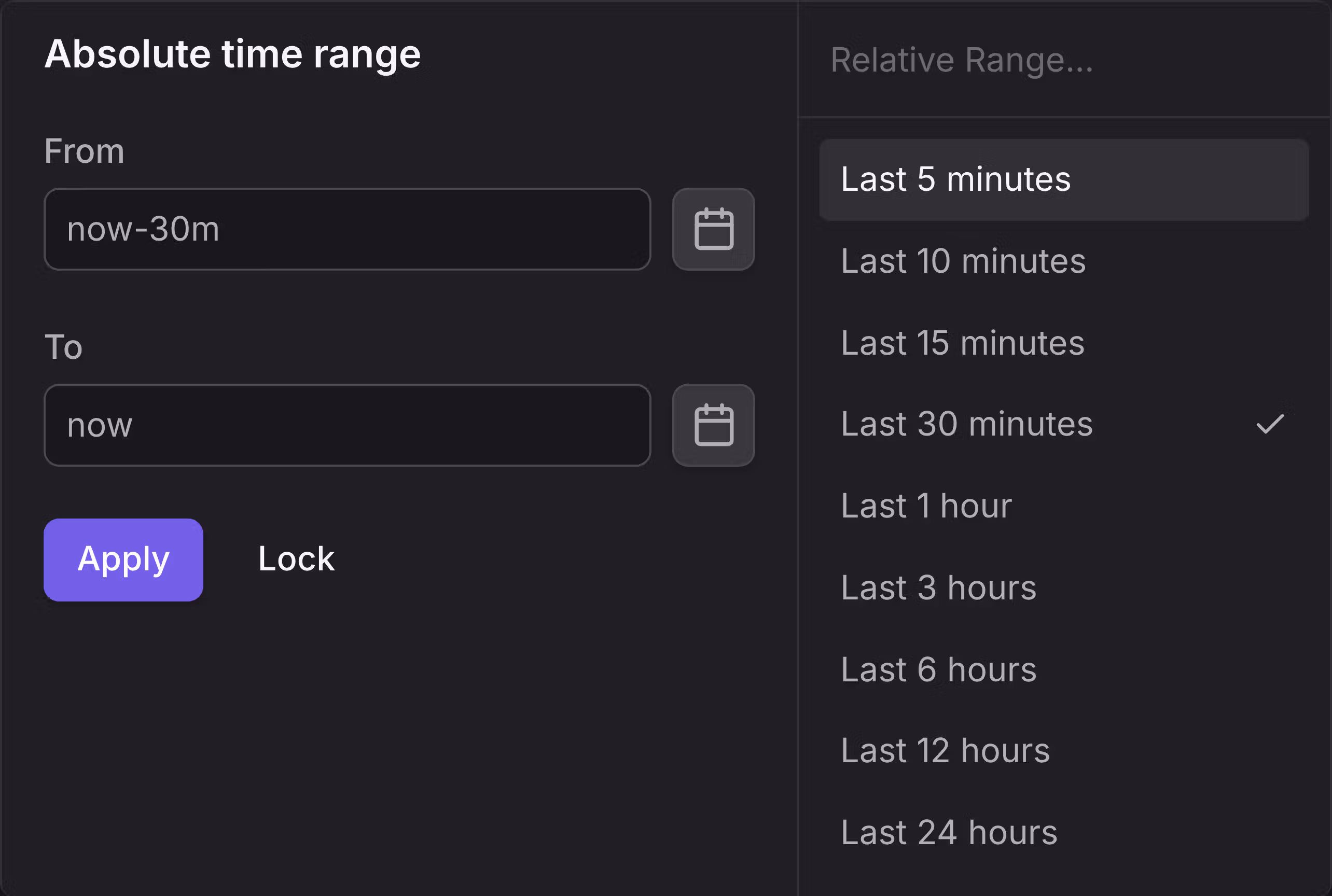 Time Picker interface showing predefined time range options on the right and custom time range selector on the left with calendar and time inputs