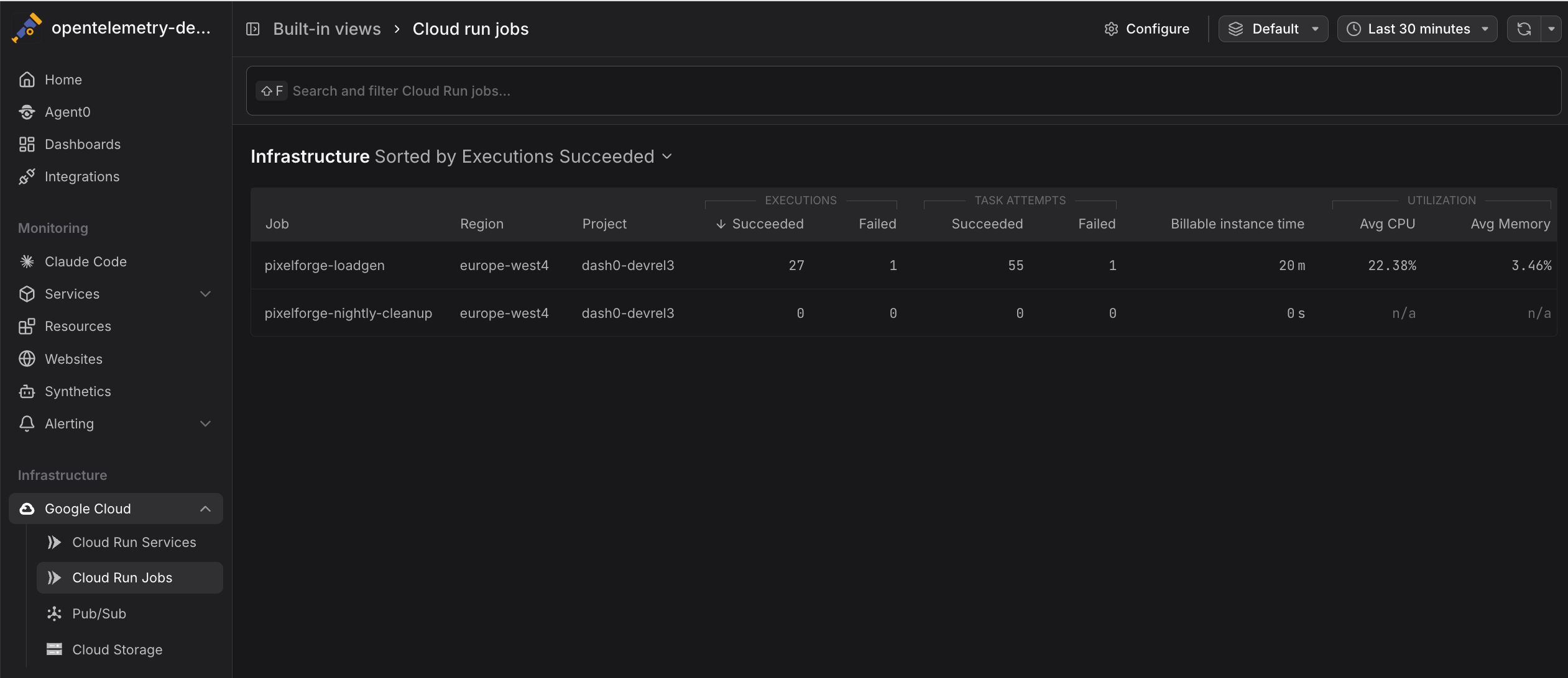 Cloud Run Jobs overview showing list of jobs with execution metrics