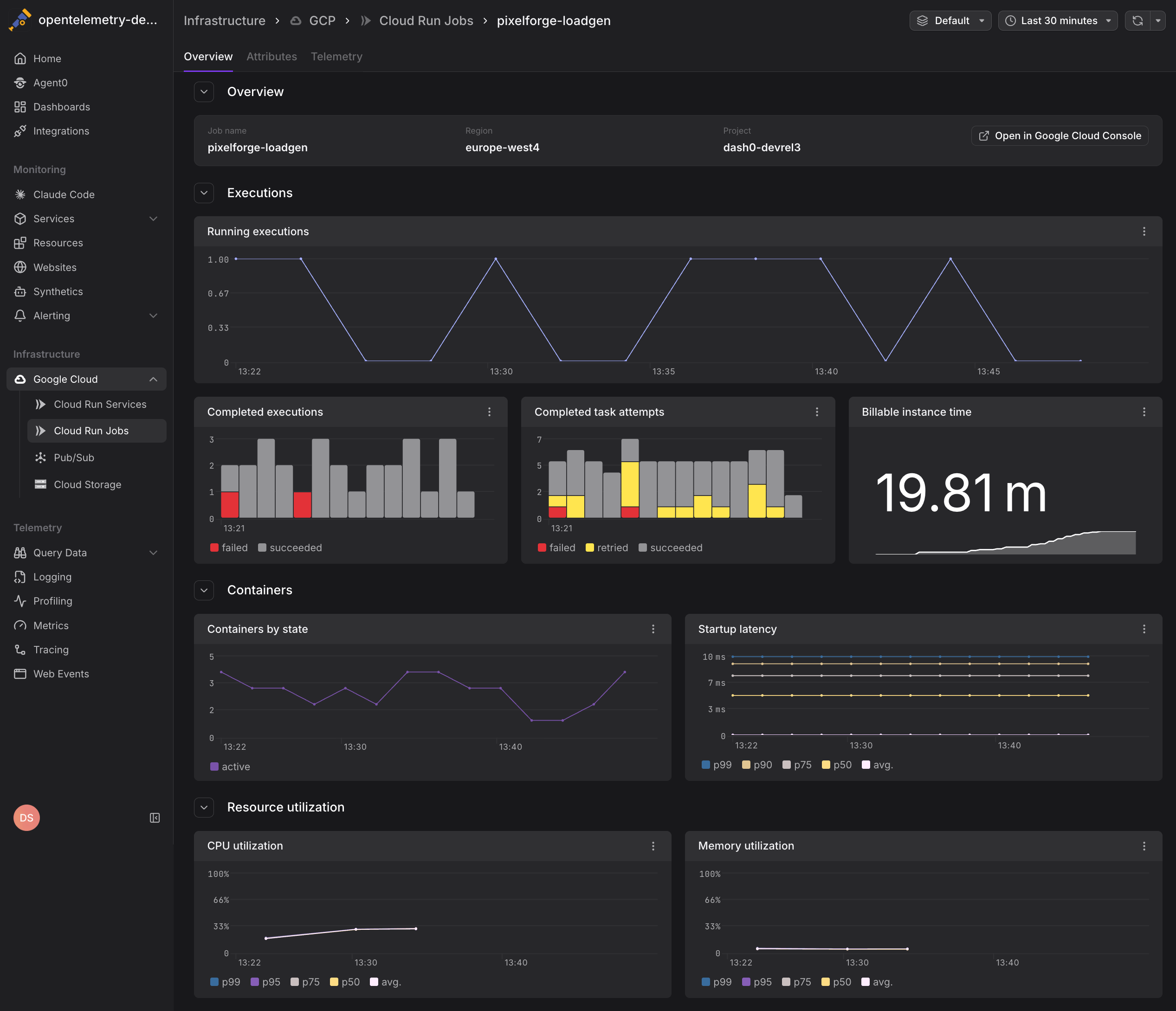 Cloud Run Jobs detail view with task completion and failure metrics