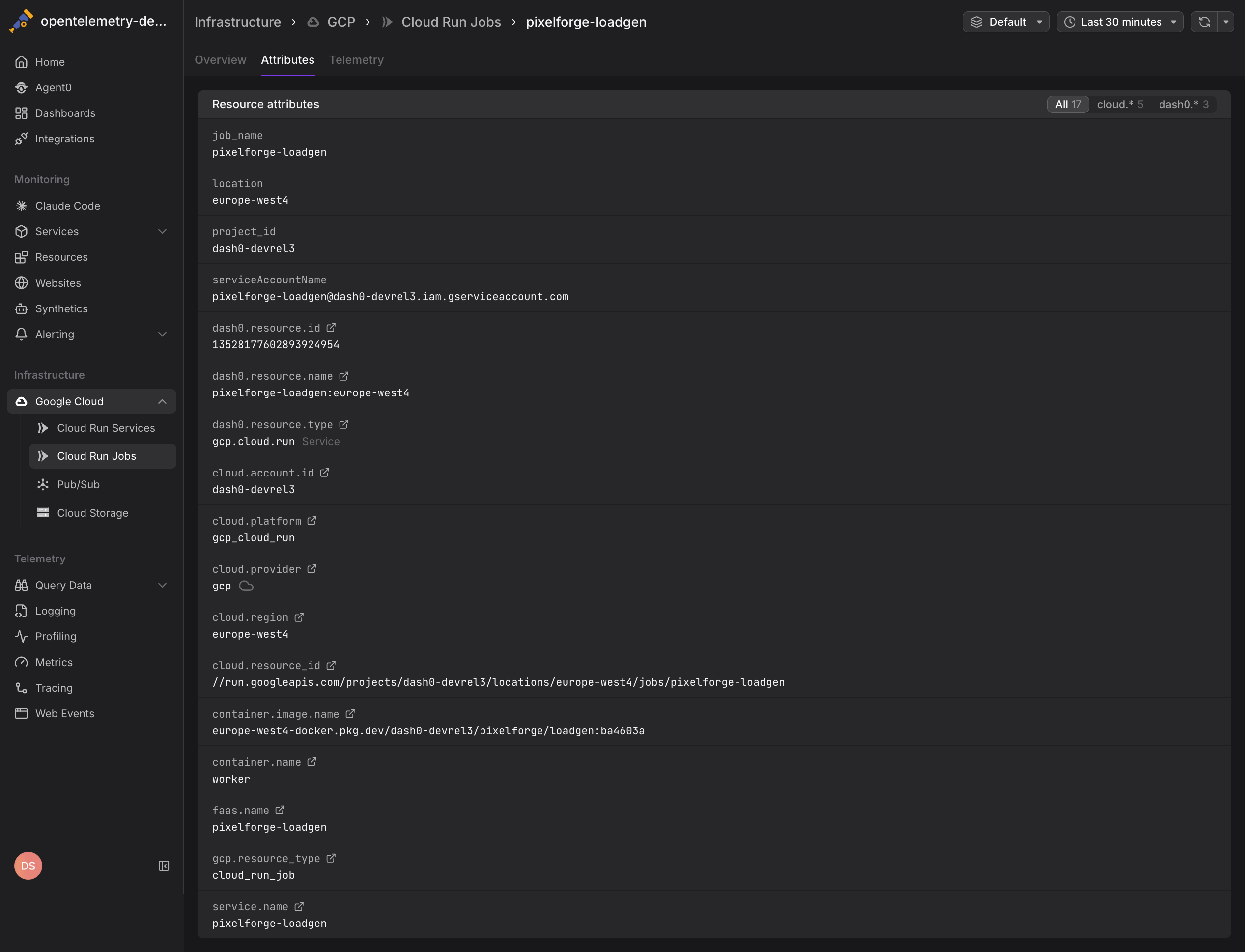 Cloud Run Jobs metrics showing billable instance time and task execution patterns