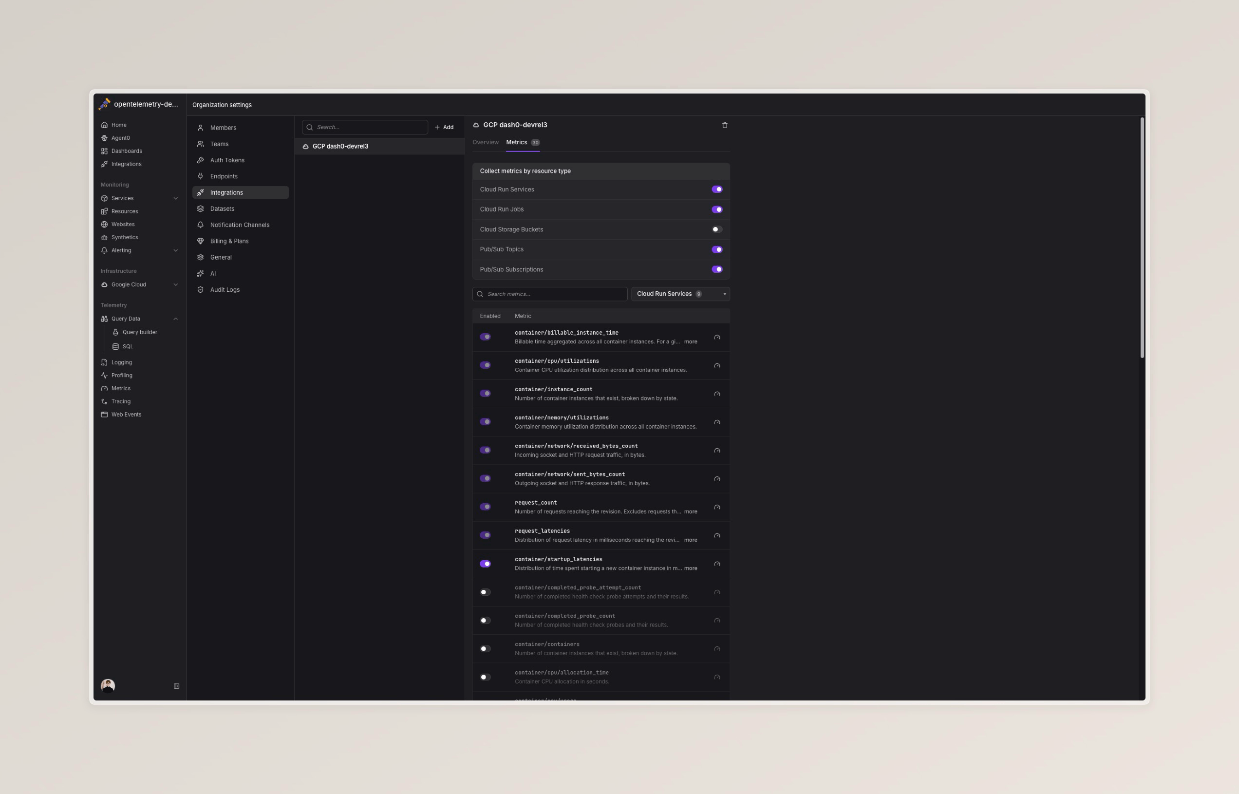 GCP integration settings showing resource type toggles