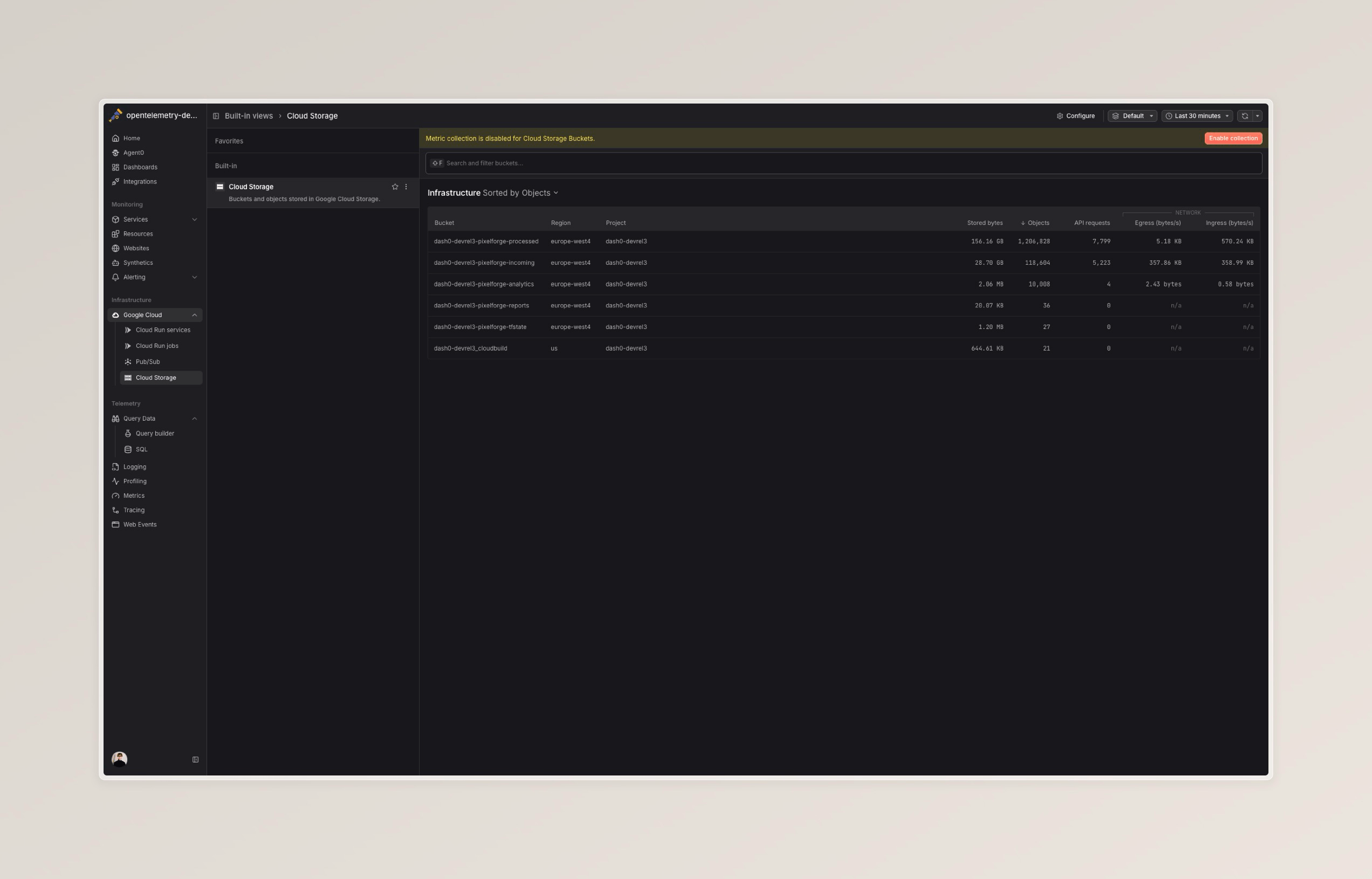 Banner showing resource type is disabled with enable button