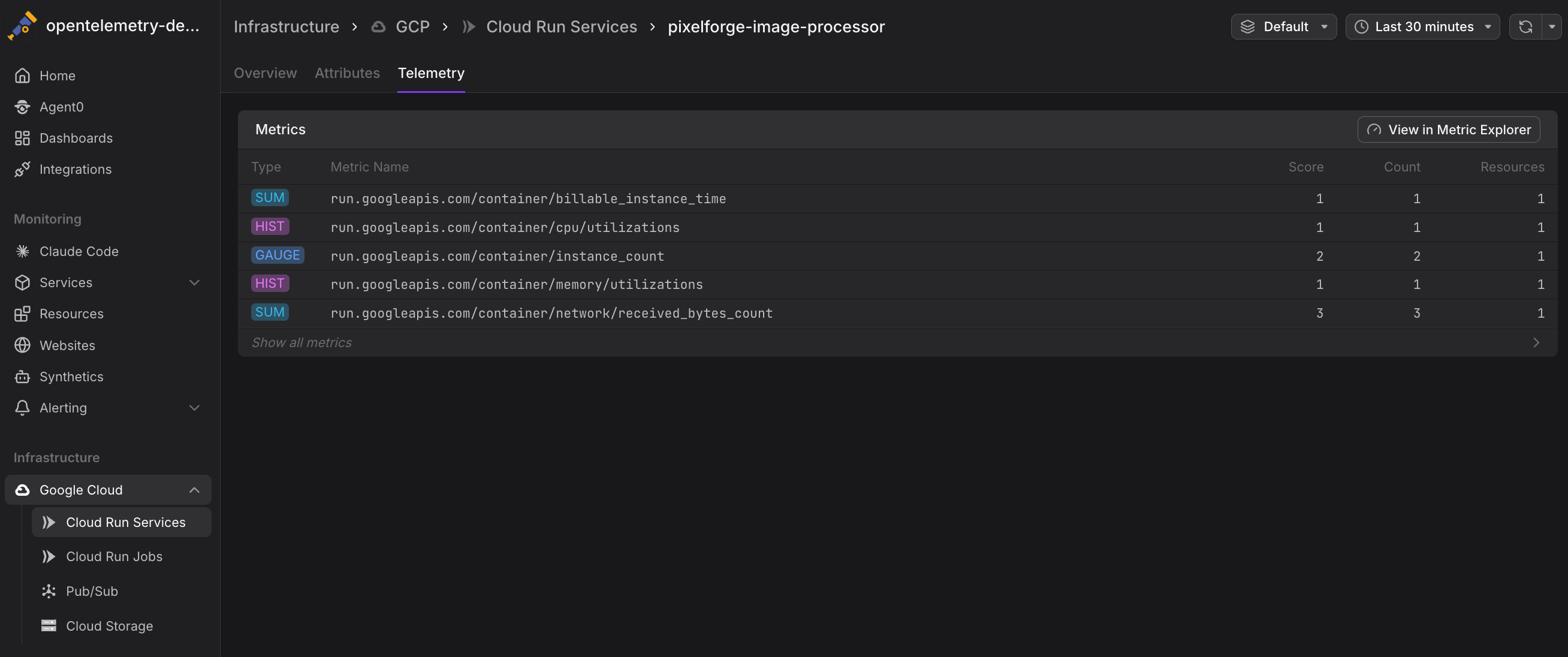 Cloud Run service telemetry view with metrics