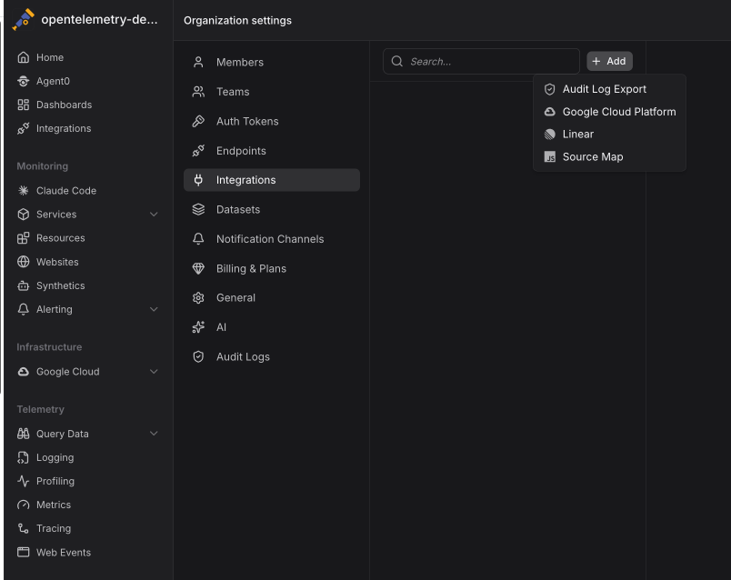 Organization settings showing Integrations menu