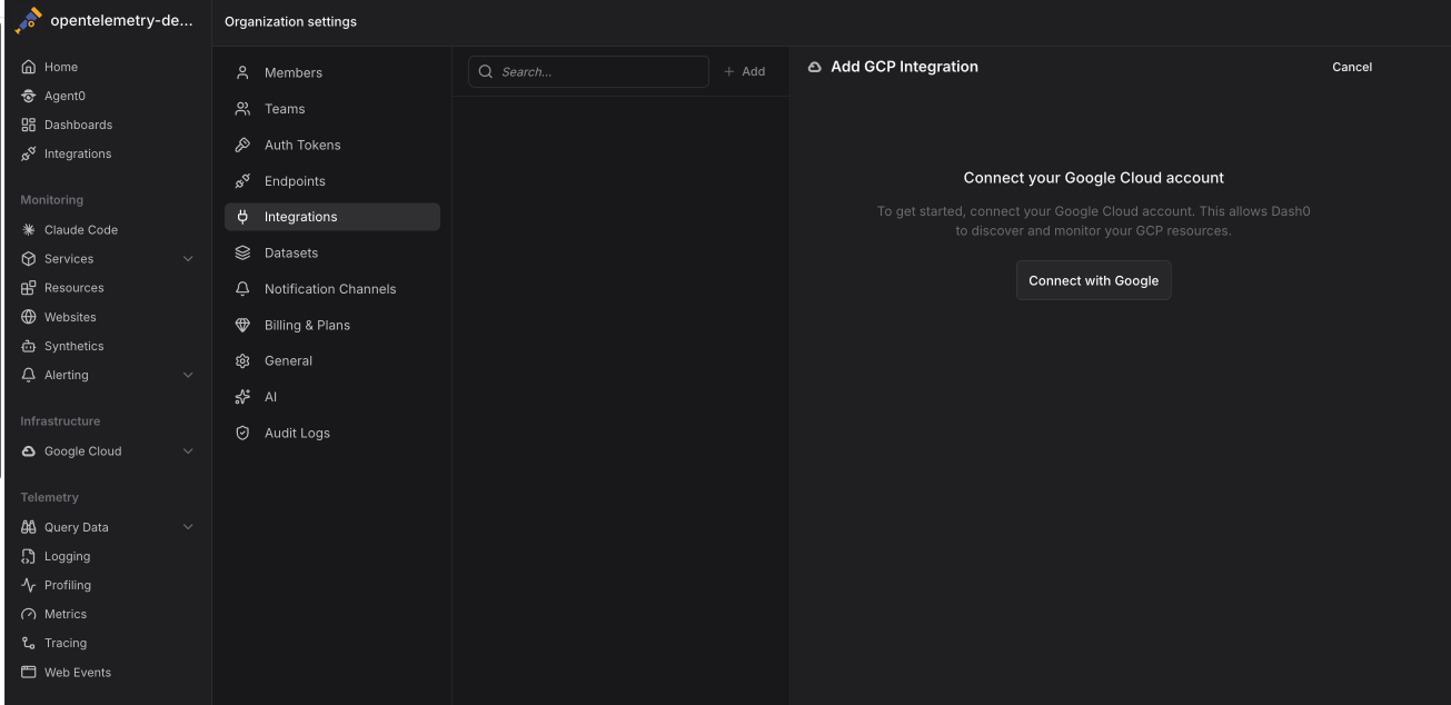 Add GCP Integration dialog with Connect with Google button