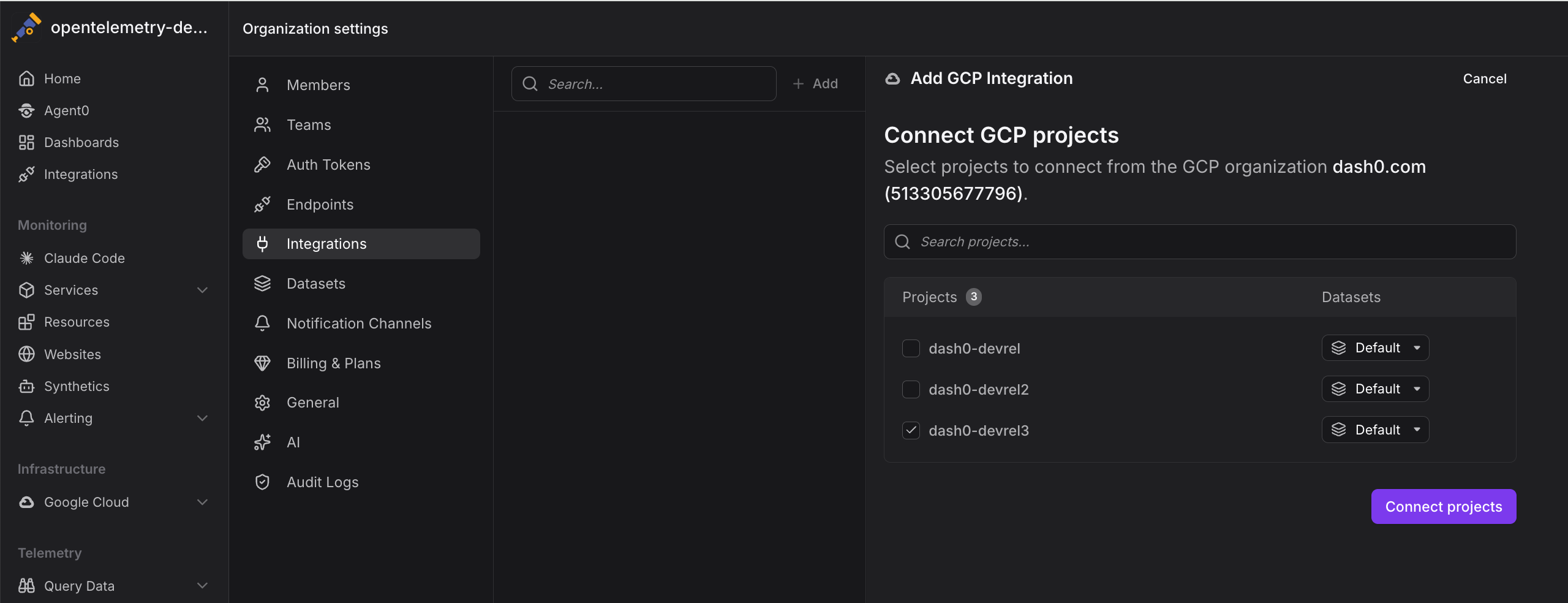 GCP projects selected with dataset assignments