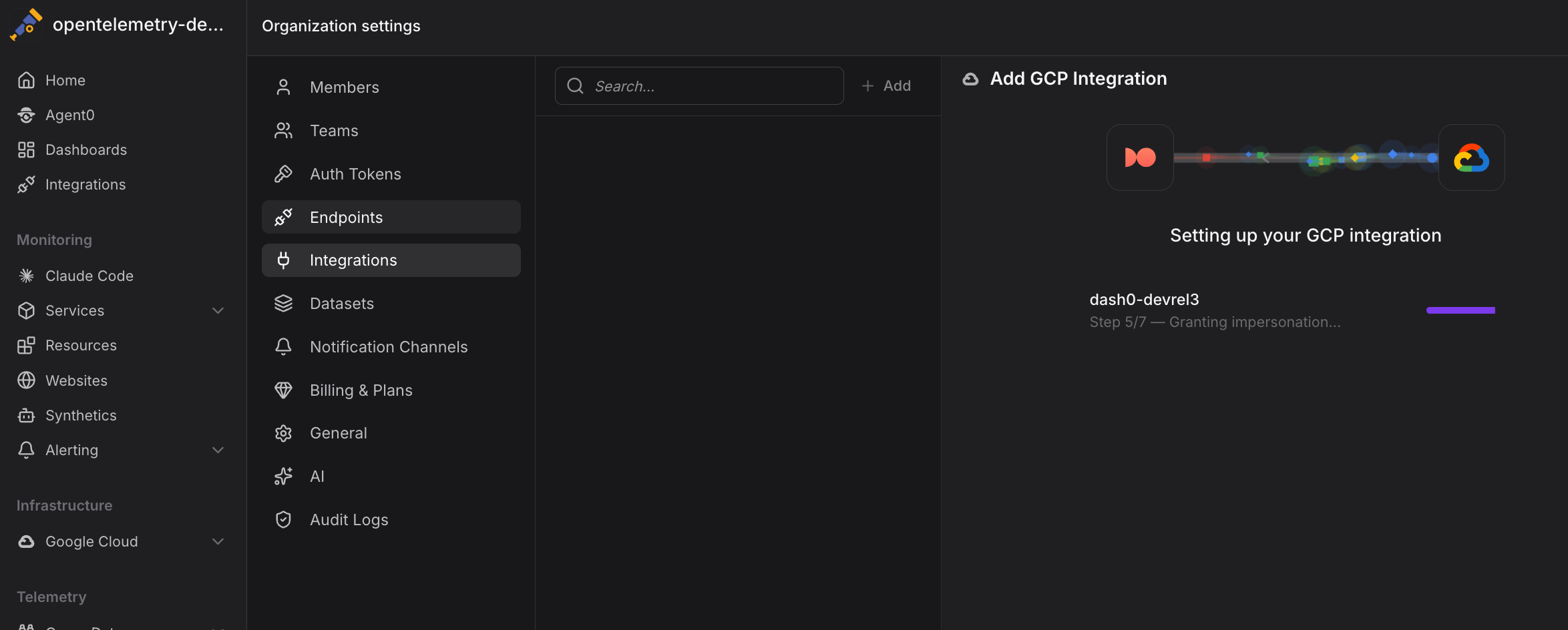 Setting up your GCP integration progress screen