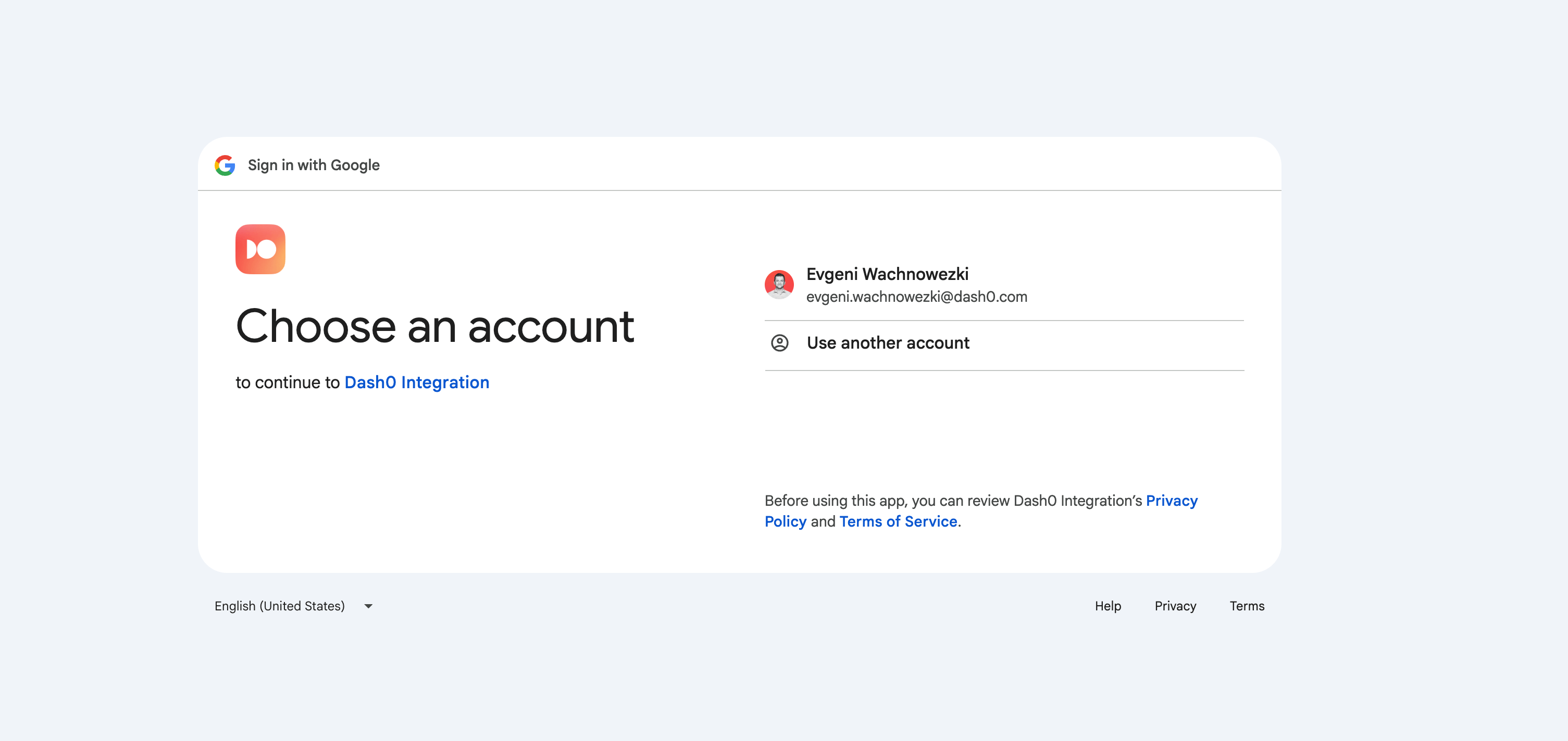 Google Sign in screen for Dash0 Integration