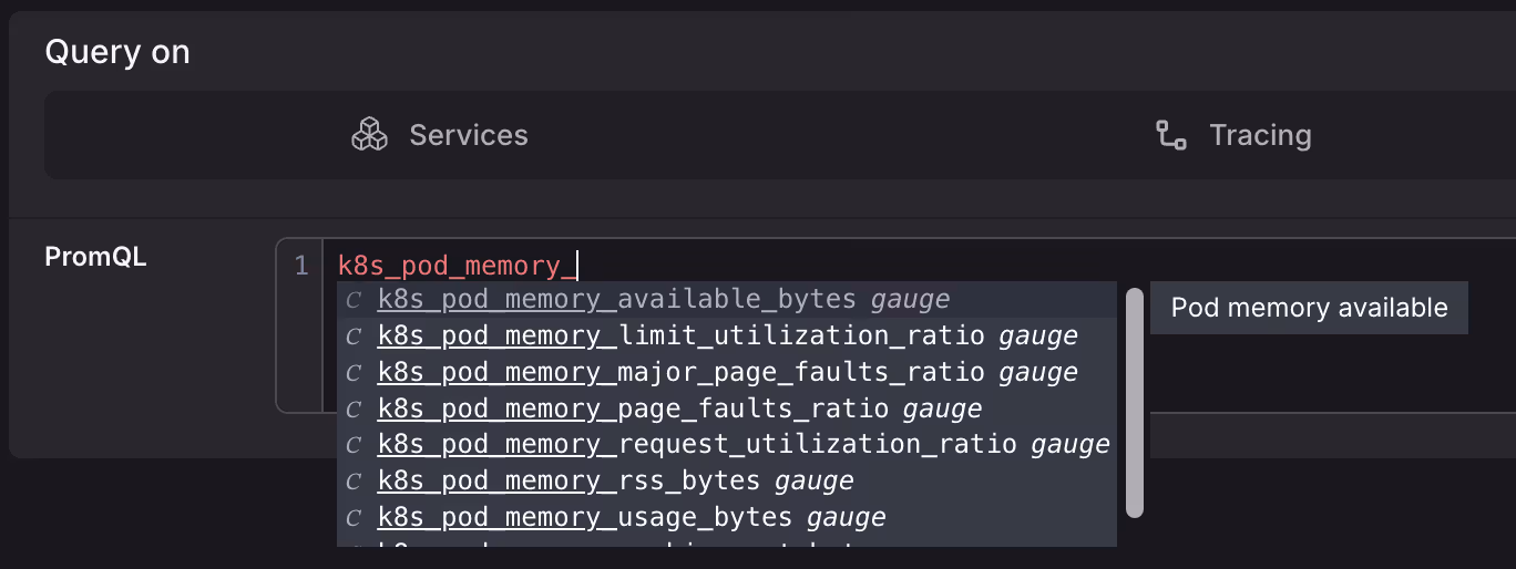 PromQL editor's auto completion showing suggestions for Kubernetes pod memory metrics