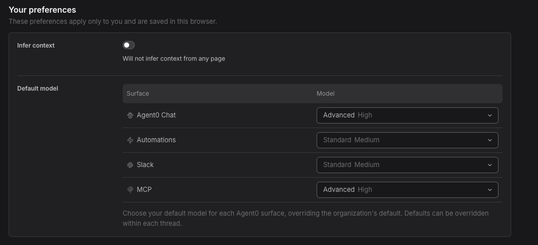Default model table in Settings → Agent0 with one row per surface: Agent0 Chat, Automations, Slack, and MCP