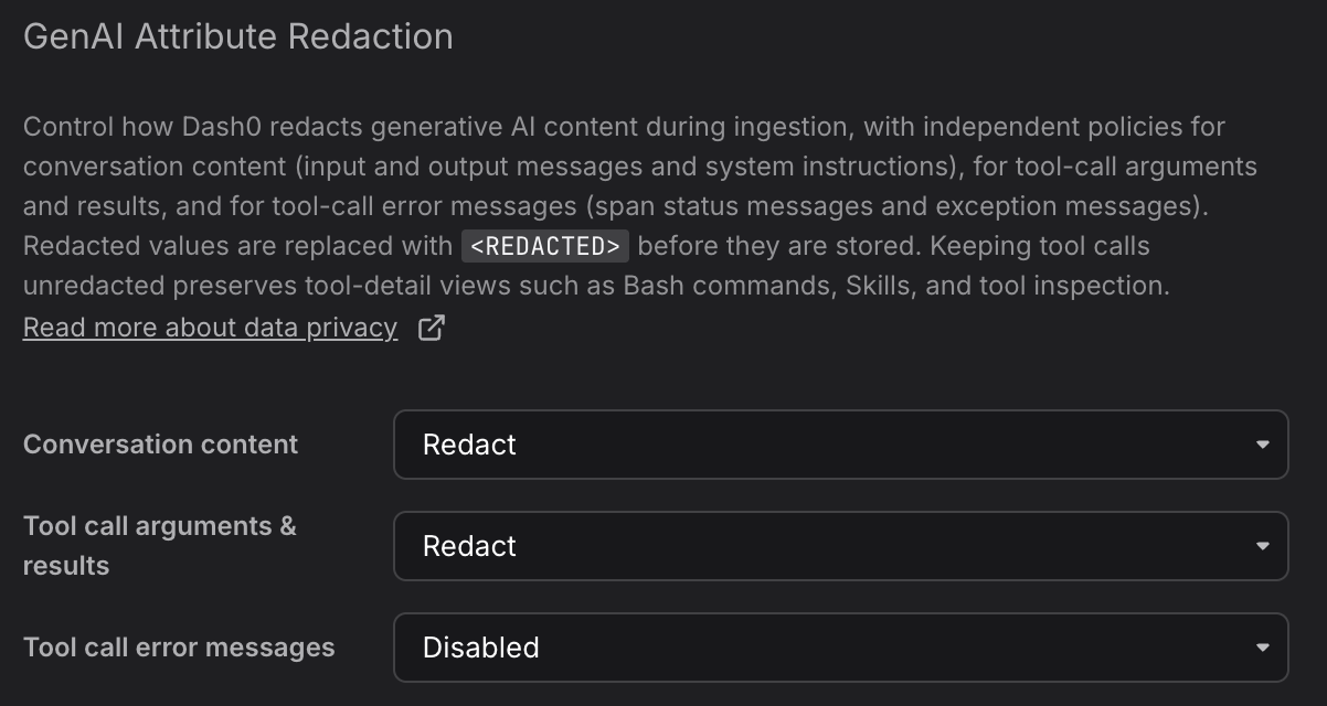 GenAI Attribute Redaction settings with policies for conversation content, tool call arguments and results, and tool call error messages