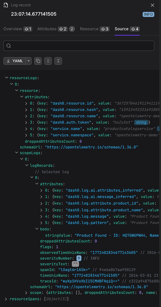Logging detail panel source tab
