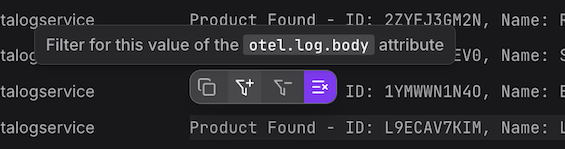 Table cell hover showing include and exclude filter icons