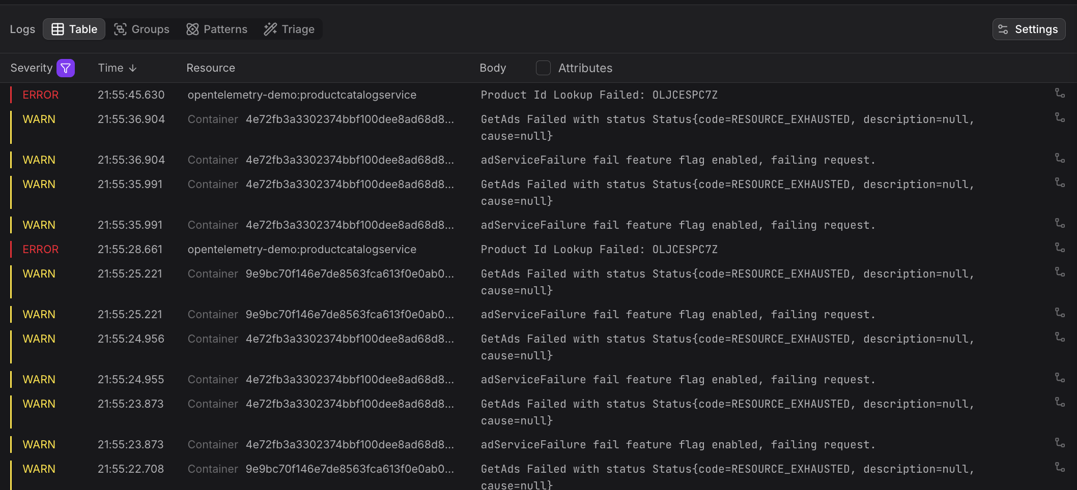 Log table filtered to show only error and warning records