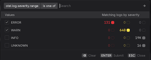 Severity filter dropdown showing record counts per level