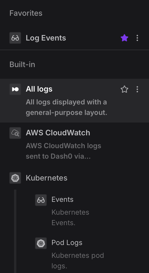 Log Explorer sidebar showing built-in and custom views