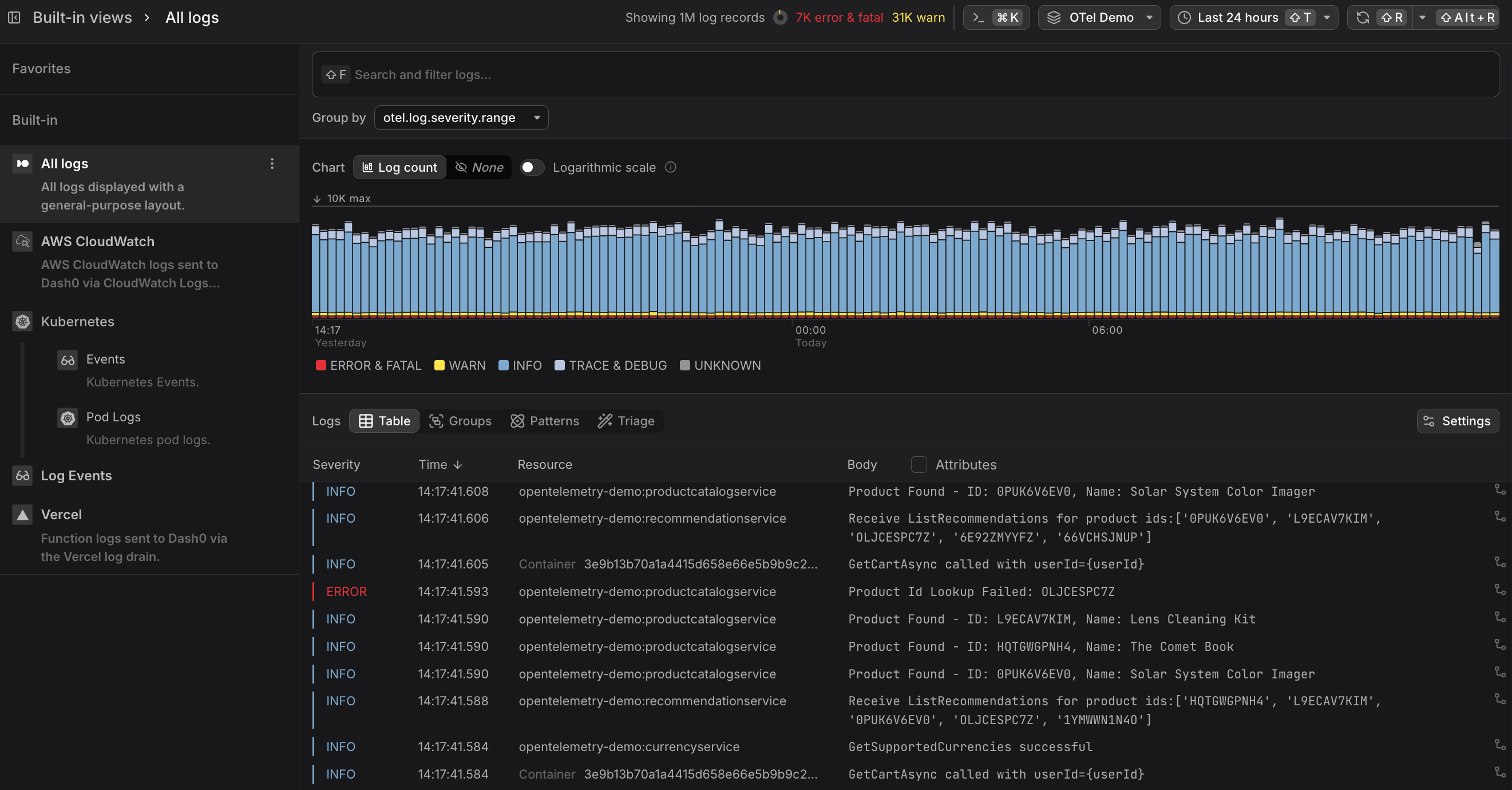 Dash0 Log Explorer showing all log records of the last 30 minutes