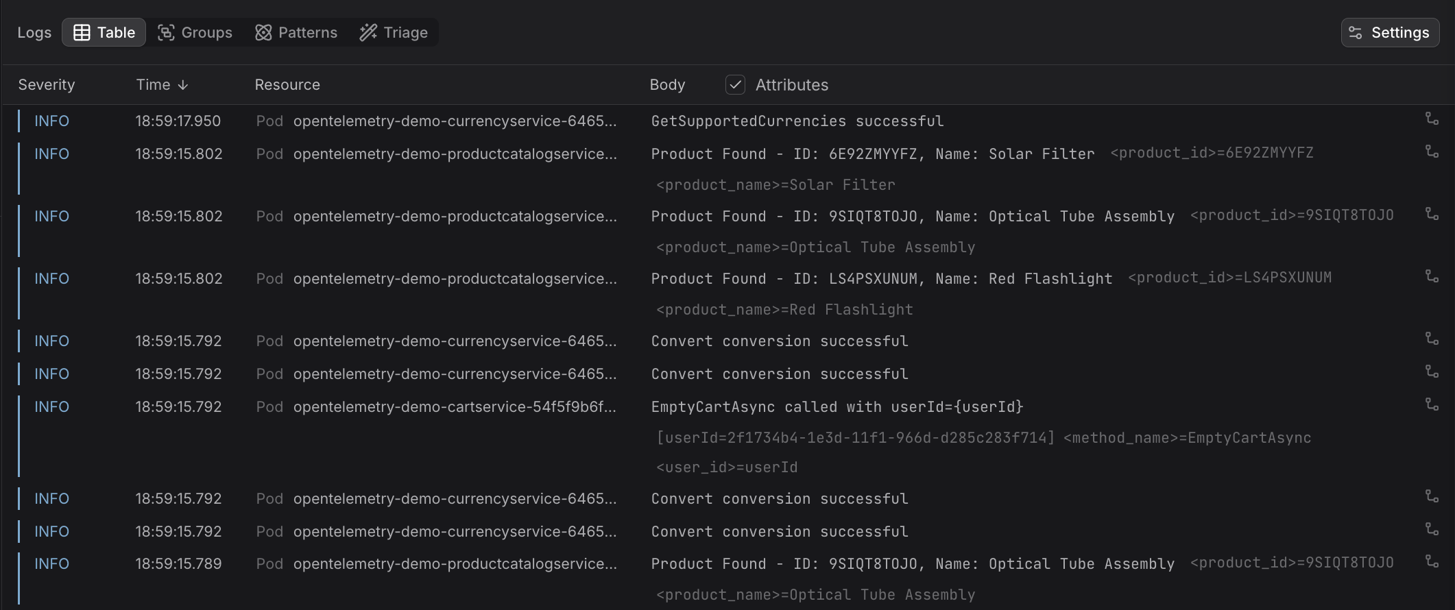 Log table with inline attributes enabled, showing key-value pairs alongside the message body