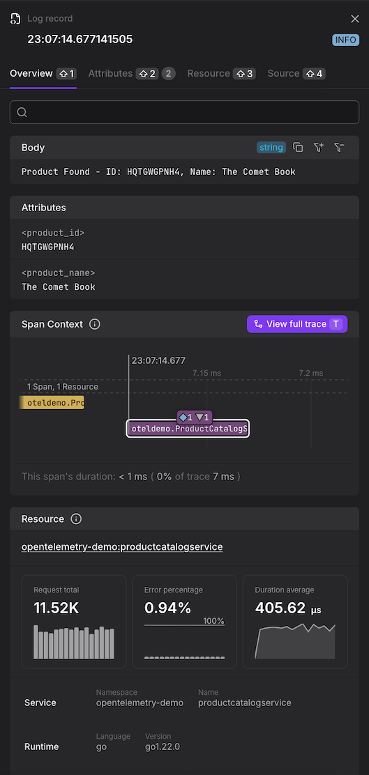 Log detail panel overview tab