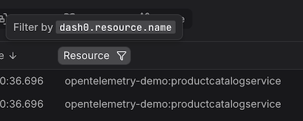 Column header with quick filter icon visible on hover