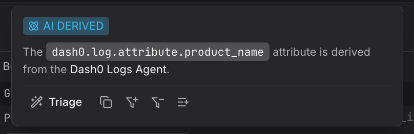 Log table attribute value hover state showing filter include and exclude icons for quick filtering