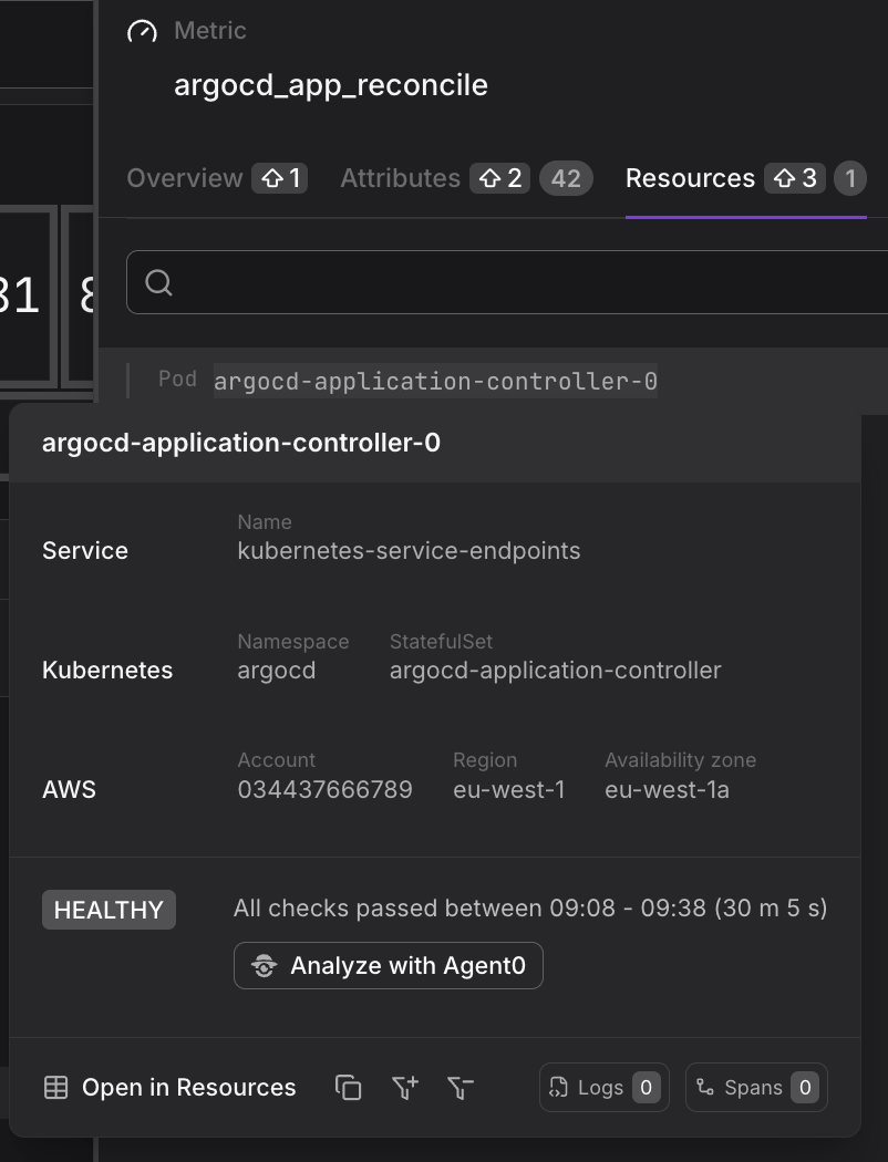 Dash0 Metric Sidebar showing the Resources tab