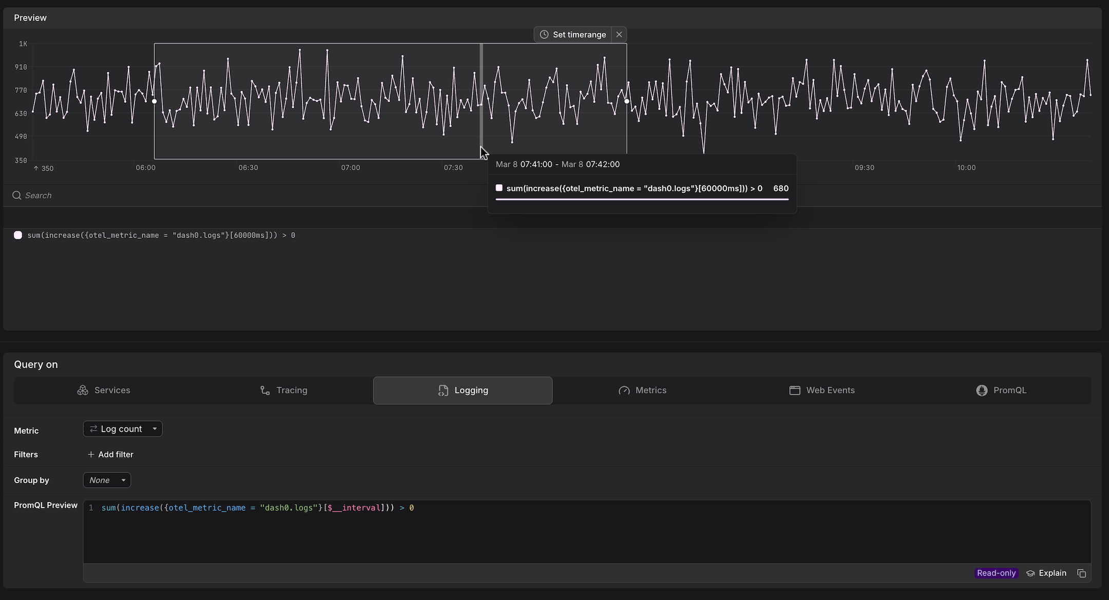 Query Builder Logging tab showing log count over time with a PromQL preview