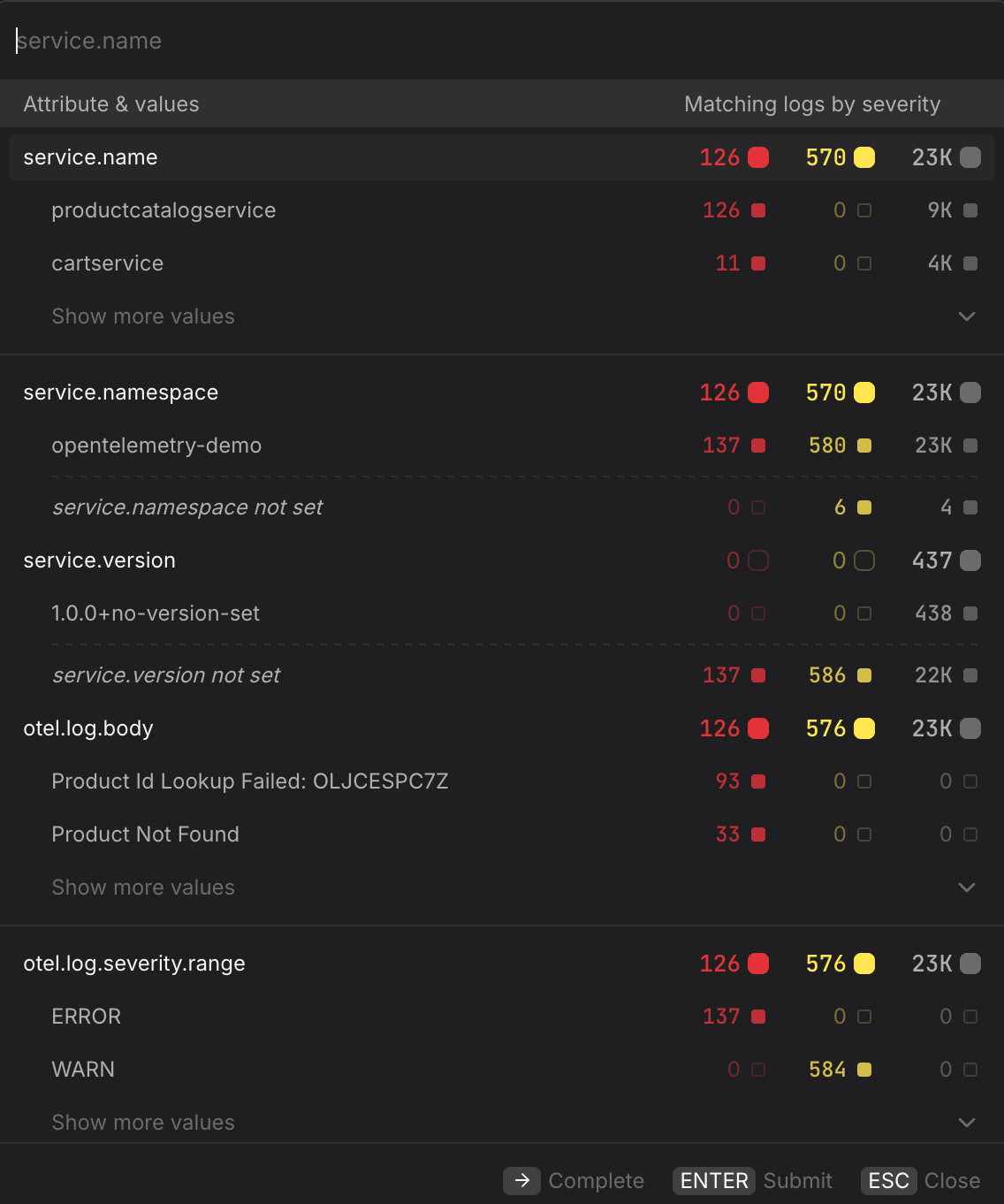 Query Builder Logging tab showing the filter picker with available attributes