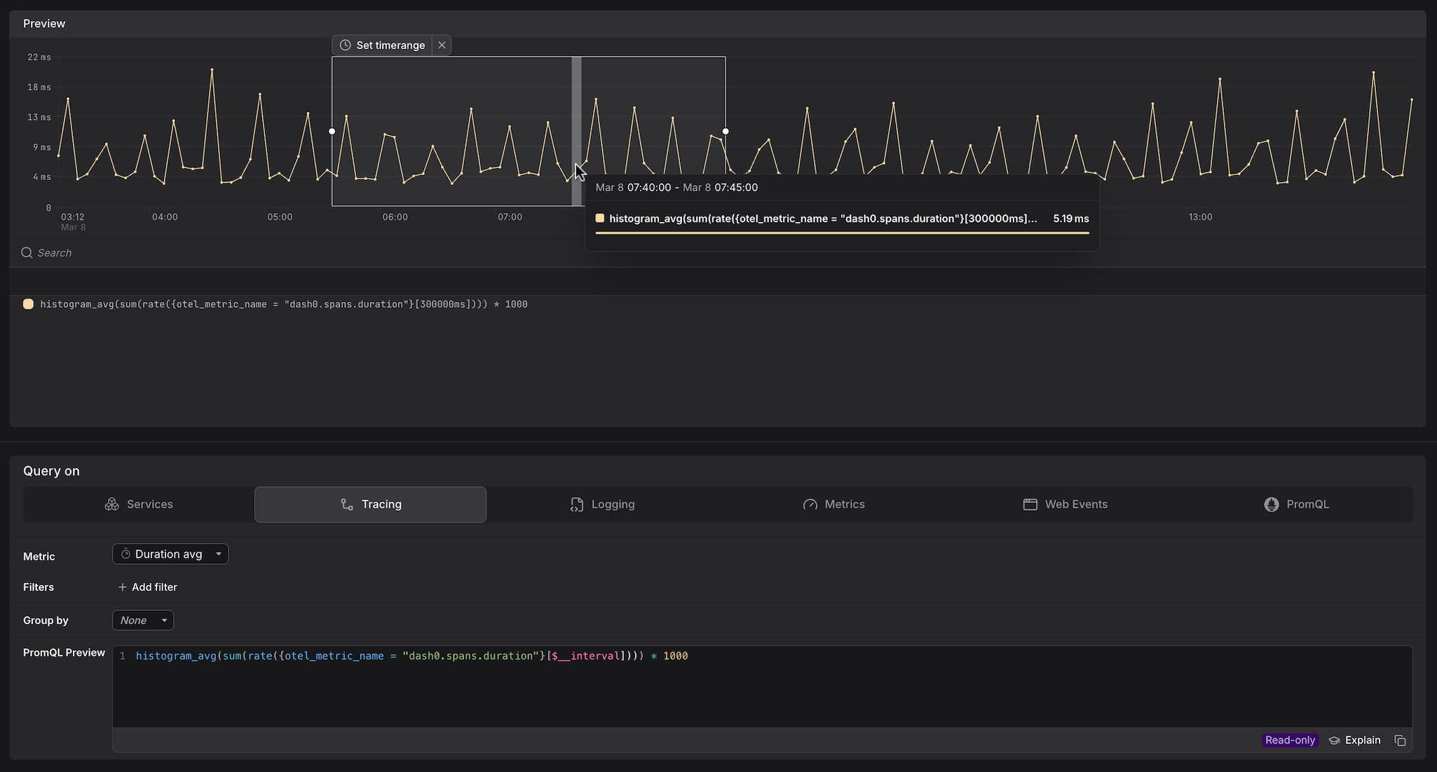 Query Builder Tracing tab showing duration p95 across all spans with a PromQL preview