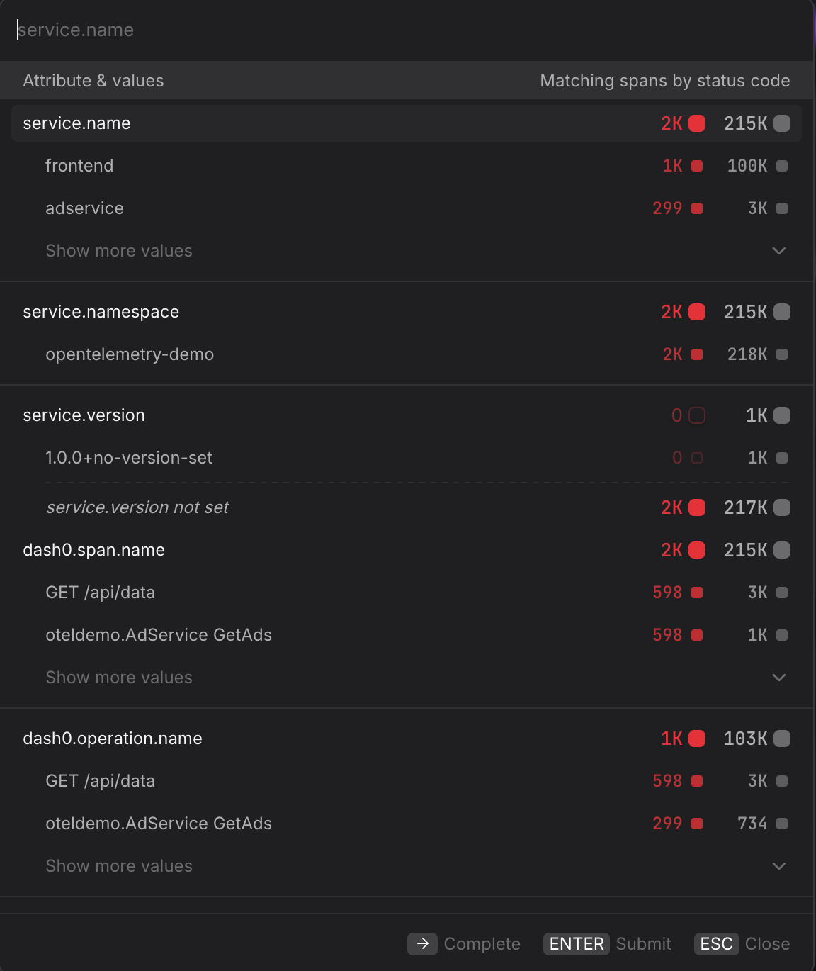 Query Builder Tracing tab showing the filter picker with available attributes